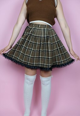 Reworked lace pleated mini skirt coquette brown tartan plaid