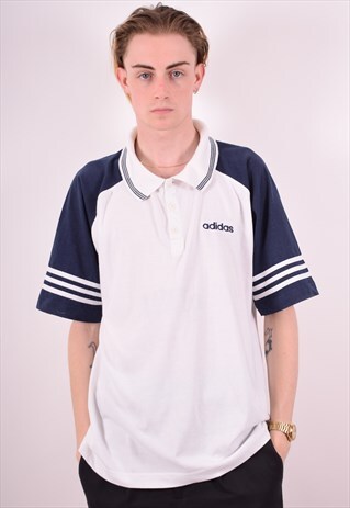 ADIDAS MENS VINTAGE POLO SHIRT LARGE WHITE 90S