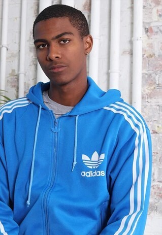 VINTAGE ADIDAS LOGO 3 STRIPE HOODED TRACK JACKET BLUE WHITE