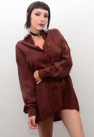 VINTAGE 90'S GENUINE SILK WALNUT BROWN OVERSIZED SHIRT