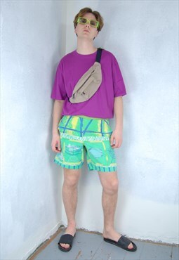 Vintage 90's Bright Neon Green Abstract Funky Festival Short