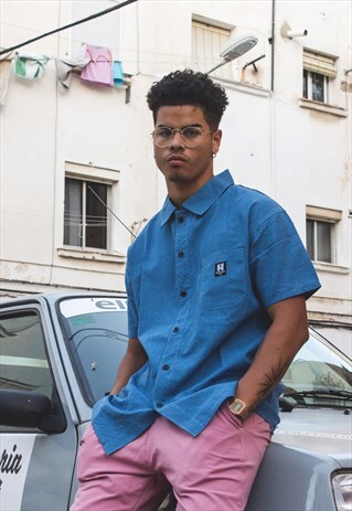 HANDMADE SHORT SLEEVED SHIRT IN BLUE WITH LINEN FABRIC