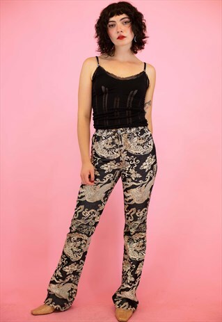 VINTAGE KENZO DRAGON PRINT TROUSERS IN BLACK