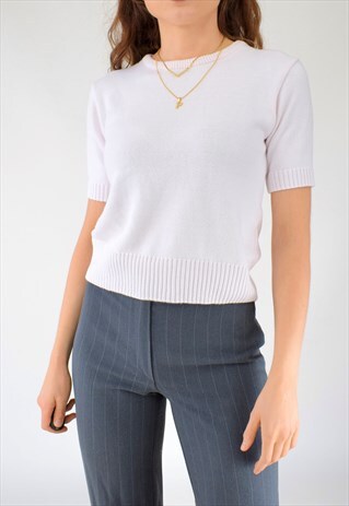 VINTAGE 90S KNITTED T SHIRT JUMPER TOP CROPPED SHORT SLEEVED
