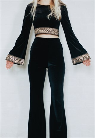 BLACK VELVET CO-ORD SET WITH FLARES AND BELL SLEEVE