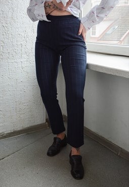 Vintage Navy Blue Pin Stripe High Waisted Wool Trousers