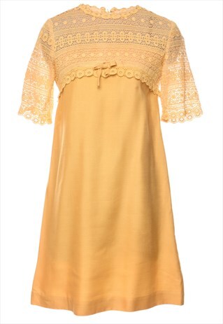 Vintage Mustard Lace 1960s Sheer Sleeve Dress - M