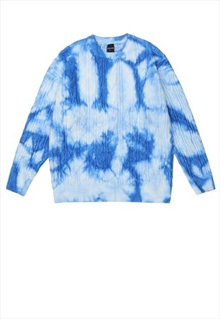 Tie-dye sweater cable knitted jumper grunge acid top in blue