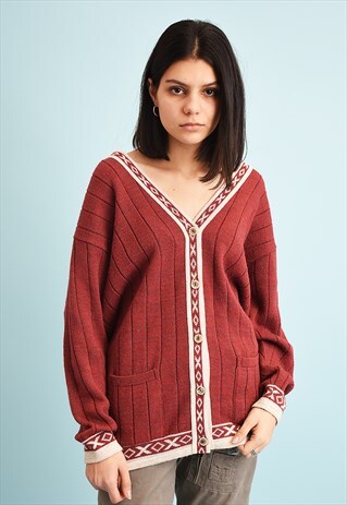 80'S RETRO JAZZY RIBBED KNIT GRANDADS OVERSIZED CARDIGAN
