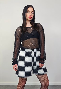 Checked faux fur shorts black white fuzzy cropped pants