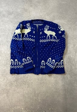 Vintage Knitted Cardigan Reindeer Patterned Chunky Sweater