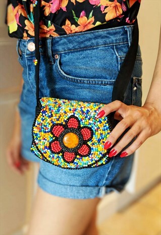 JUHLA MINI BEADED CROSS BODY BOHO BAG FLOWER DESIGN FESTIVAL
