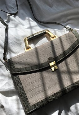 Vintage 80s Preppy Grey & Gold Mock Crock Satchel Handbag
