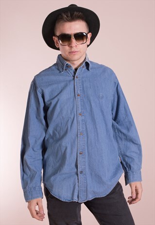 MENS VINTAGE LONG SLEEVE, DENIM, BUTTON UP SHIRT