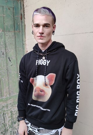 LOOSE FIT OVERSIZE PIG HOODIE UNUSUAL RAVE SLOGAN TOP