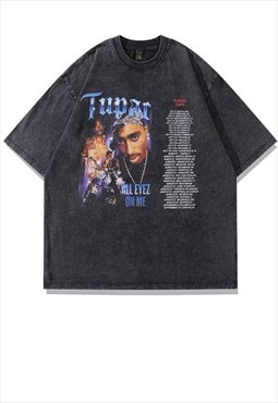 Rapper print t-shirt hip-hop tee vintage wash top acid grey