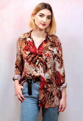 1990S VINTAGE ORANGE ANIMAL PRINT PATTERNED OVERSIZED SHIRT