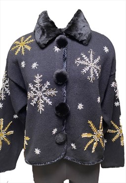 Snowflake Bling Fake Fur Trim Cardigan
