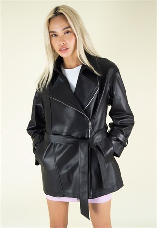 BELTED NAPPA LEATHER TRENCH COAT IN BLACK