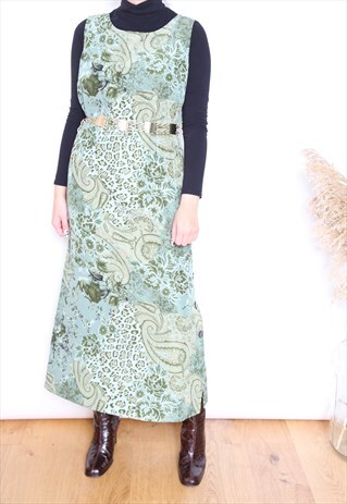 VINTAGE 90S GREEN FLORAL PRINT SLEEVELESS MIDI DRESS