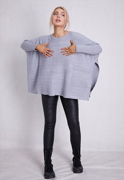 Grey Knitted Batwing Poncho ONE SIZE FIT (12 to 20)