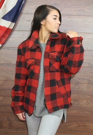 VINTAGE USA 80'S WOOL MIX CHECK WINTER JACKET,COAT ,SMALL,14