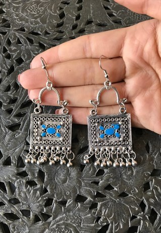 SILVER BOHEMIAN ETHNIC EARRINGS BLUE ENAMEL HAND PAINTED