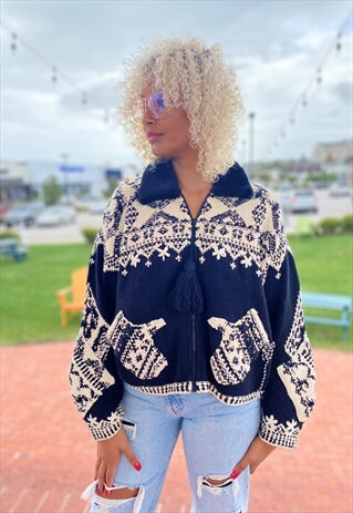 90S FAIR ISLE HANDKNIT MITTEN POCKET CARDIGAN