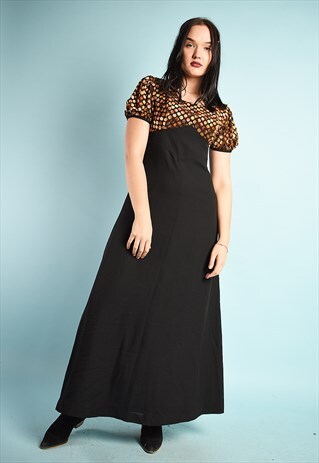 VINTAGE 70S BOHO VELVET DETAILED MINIMALIST MAXI DRESS