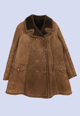 Vintage Brown Suede Shearling Collar Button Swing Overcoat