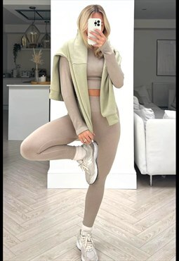 Beige 2 Piece Ribbed Crop Activewear Set