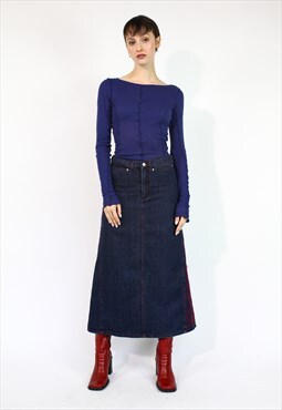 Vintage Y2K Denim Maxi Skirt in Navy Blue XS