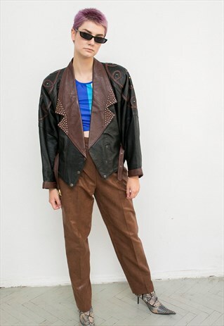 VINTAGE LEATHER JACKET BROWN GENUINE LEATHER BATWING 80S
