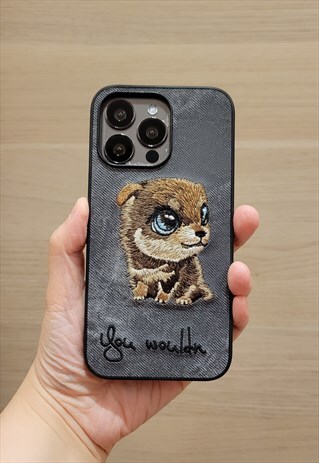 Embroidered Big Eye Dog iPhone 12 Pro / 12 Case in Blue 