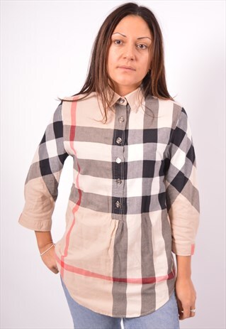 VINTAGE BURBERRY PULLOVER SHIRT 3/4 SLEEVE CHECK BEIGE