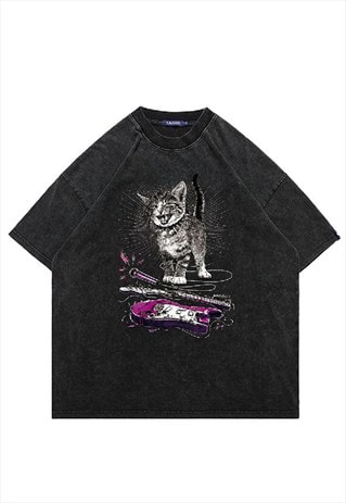 CAT T-SHIRT GUITAR PRINT TOP VINTAGE WASH RETRO KITTY TEE