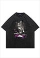 Cat t-shirt guitar print top vintage wash retro kitty tee