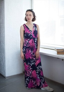 Vintage 80's Blue/Pink Flower Print Maxi Dress