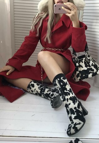 VINTAGE 90S WOOL LONG CHERRY RED COAT WITH NOTCHED LAPEL