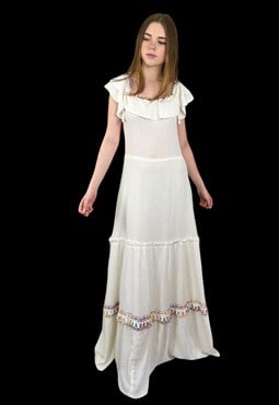 70's Vintage White Cotton Ladies Folk Hippy Maxi Dress