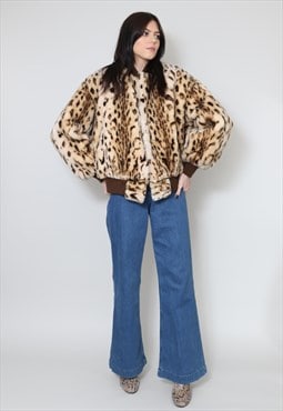 80's Ladies Vintage Shearling Brown Animal Print Jacket Coat