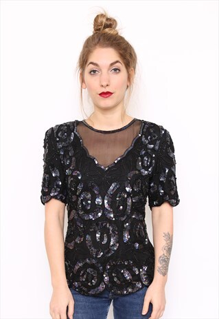 VINTAGE 90S SILK EMBELLISHED SEQUIN PARTY TOP