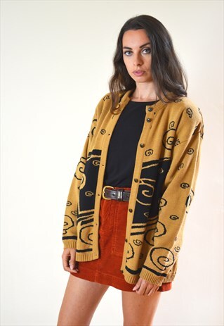 90S VINTAGE CARAMEL AND BLACK KNIT CARDIGAN