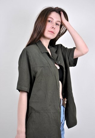 VINTAGE KHAKI GREEN HERITAGE SHIRT, 90S MILITARY STYLE TOP