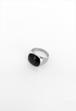 54 Floral Black Resin Band Signet Ring - Silver