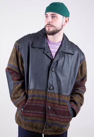 VINTAGE NATURAL LEATHER KNIT AZTEC JACKET