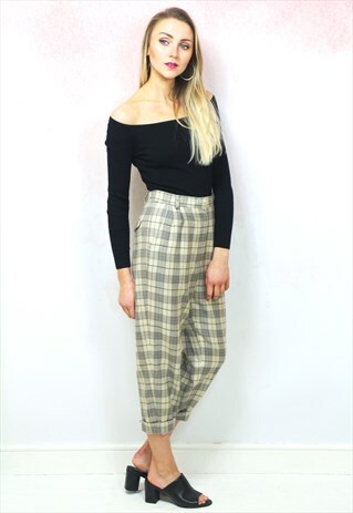 1980S VINTAGE CREAM AND GREY CHECK WOOL HIGH WAIST TROUSERS