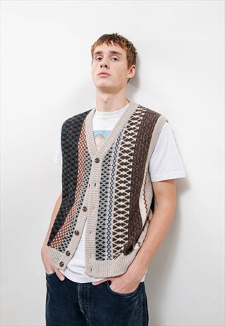 VINTAGE 80S BUTTON UP V NECK TEXTURED KNIT VEST UNISEX M