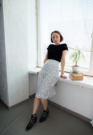 VINTAGE 70'S WHITE HIGH WAISTED POLKA DOT MIDI SKIRT
