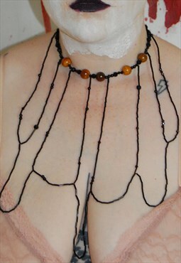 Hand Made Black And Brown Beaded Long Hanging Necklace